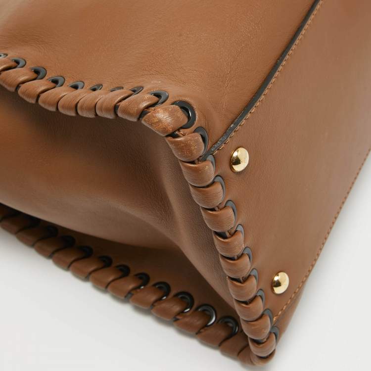 Pre Owned Fendi Brown Leather Large Whipstitch Peekaboo Top Handle Bag