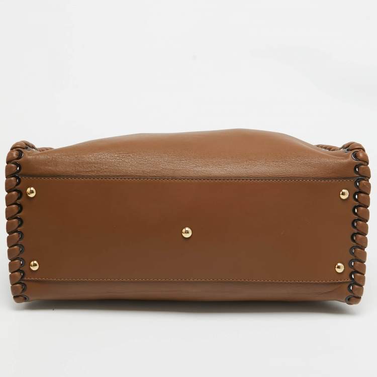 Pre Owned Fendi Brown Leather Large Whipstitch Peekaboo Top Handle Bag