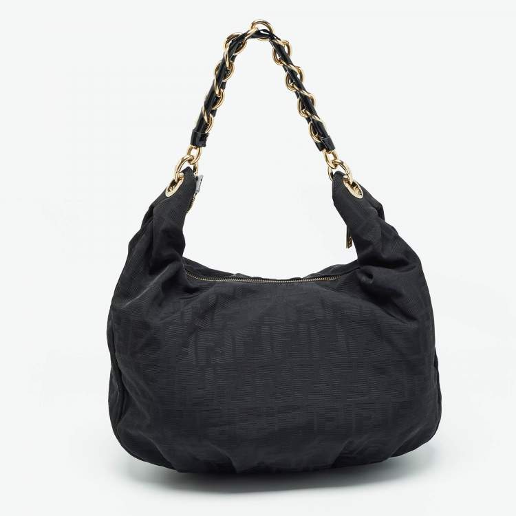 Pre Owned Fendi Black Zucca Fabric and Patent Leather Mia Hobo