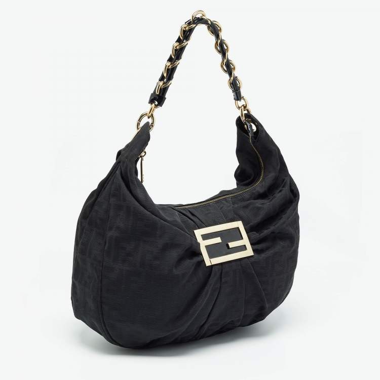 Pre Owned Fendi Black Zucca Fabric and Patent Leather Mia Hobo