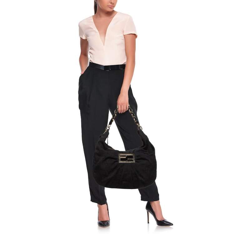 Pre Owned Fendi Black Zucca Fabric and Patent Leather Mia Hobo