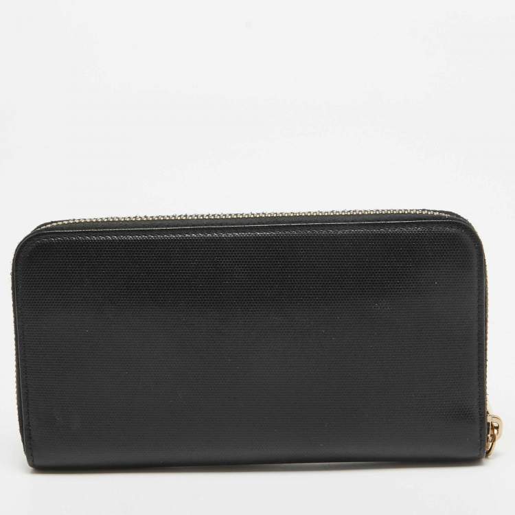 Pre Owned Fendi Black Leather Logo Zip Around Continental Wallet