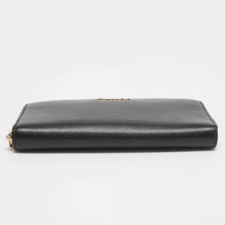 Pre Owned Fendi Black Leather Logo Zip Around Continental Wallet