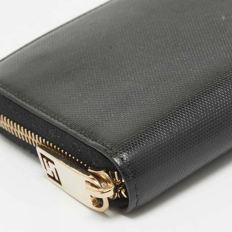 Pre Owned Fendi Black Leather Logo Zip Around Continental Wallet