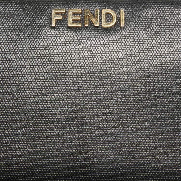 Pre Owned Fendi Black Leather Logo Zip Around Continental Wallet