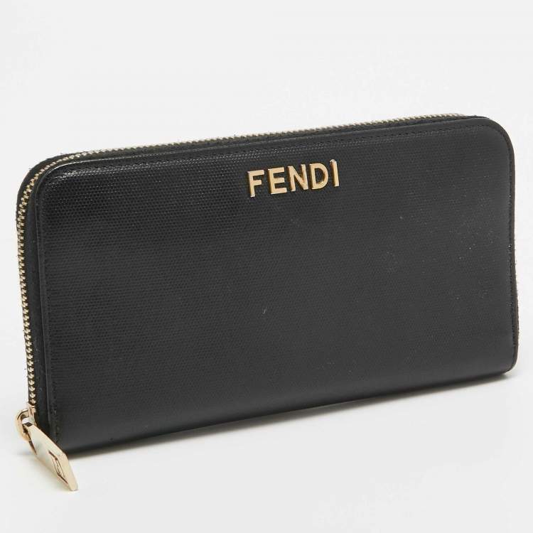 Pre Owned Fendi Black Leather Logo Zip Around Continental Wallet