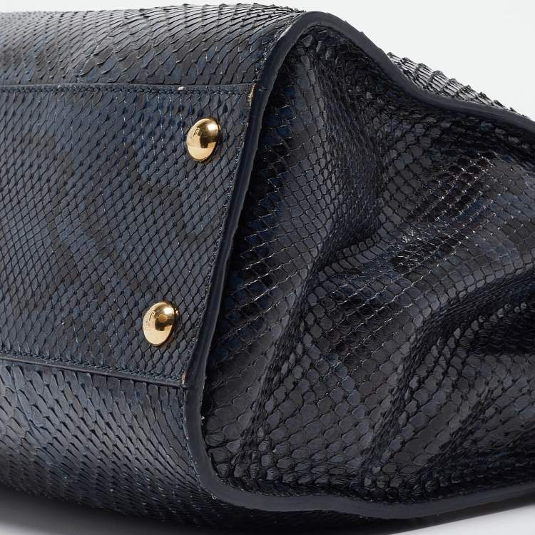 Pre Owned Fendi Blue Shine Python Regular Peekaboo Top Handle Bag