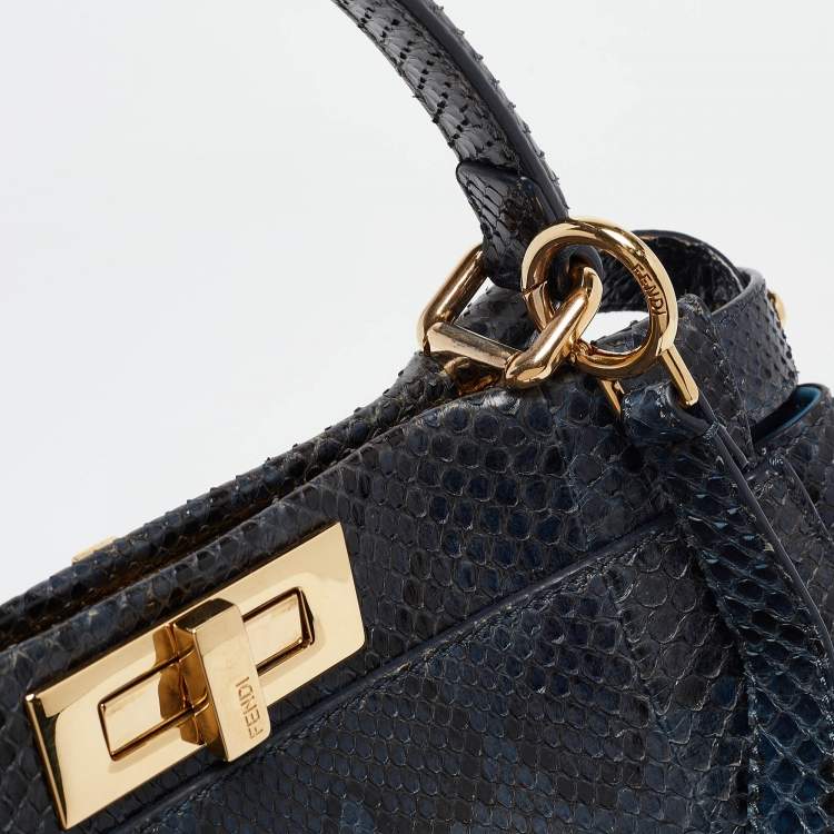 Pre Owned Fendi Blue Shine Python Regular Peekaboo Top Handle Bag