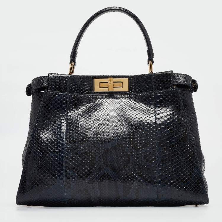 Pre Owned Fendi Blue Shine Python Regular Peekaboo Top Handle Bag
