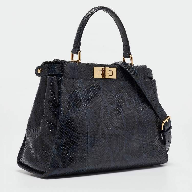 Pre Owned Fendi Blue Shine Python Regular Peekaboo Top Handle Bag