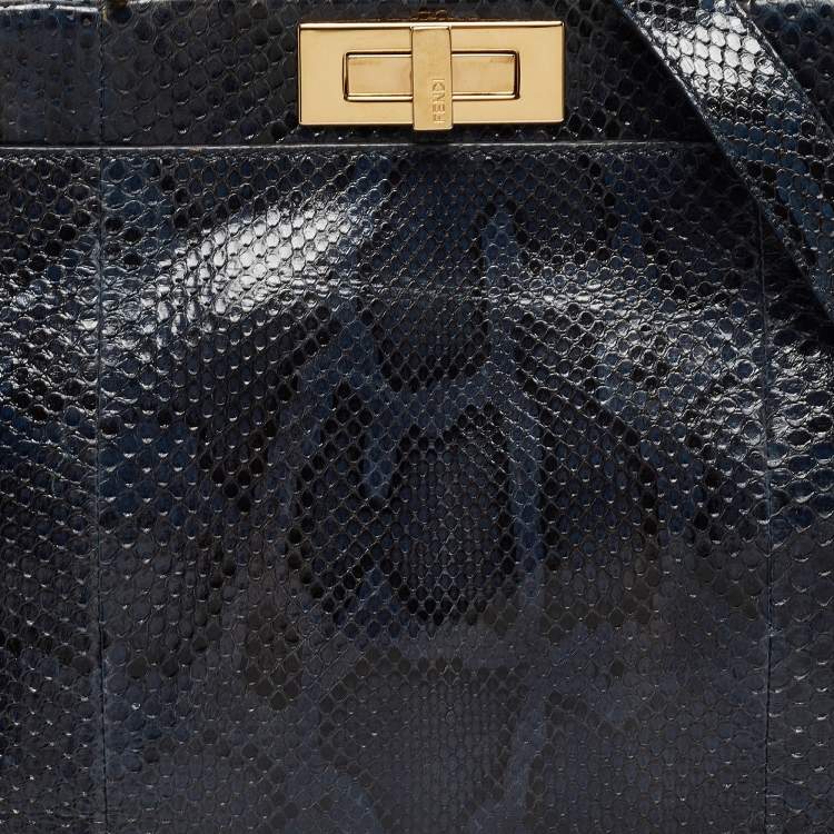 Pre Owned Fendi Blue Shine Python Regular Peekaboo Top Handle Bag