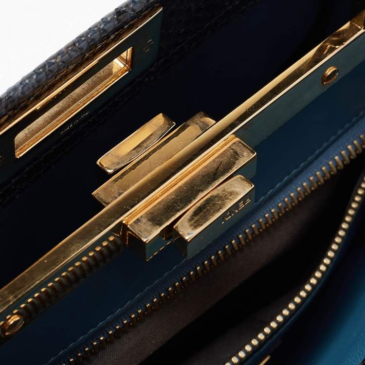 Pre Owned Fendi Blue Shine Python Regular Peekaboo Top Handle Bag
