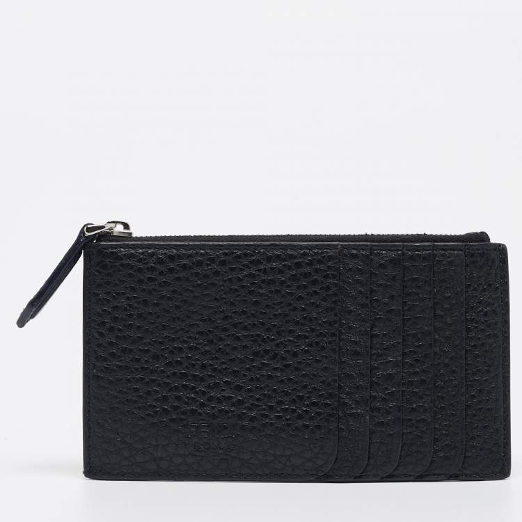 Pre Owned Fendi Black Zucca Embossed Leather Zip Card Holder