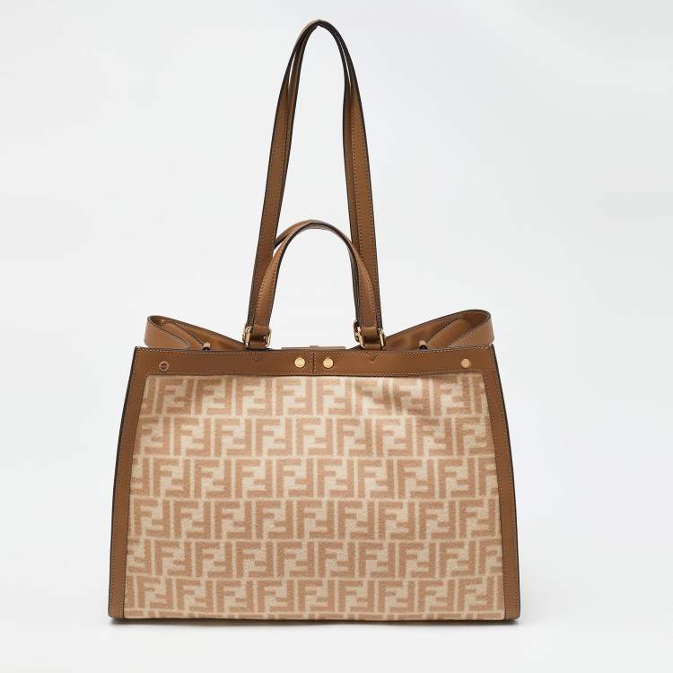 Pre Owned Fendi Beige/Brown Zucca Wool and Leather Medium FF Peekaboo X Tote