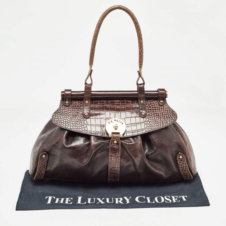 Pre Owned Fendi Choco Brown Crocodile and Leather Magic Top Handle Bag