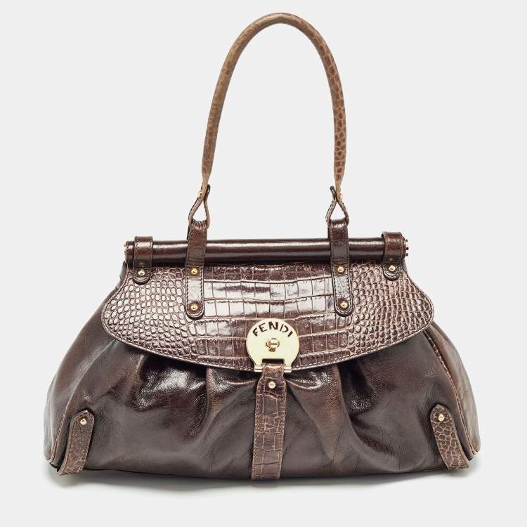 Pre Owned Fendi Choco Brown Crocodile and Leather Magic Top Handle Bag