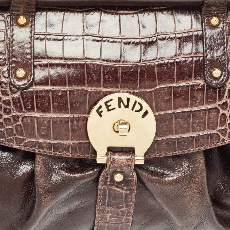 Pre Owned Fendi Choco Brown Crocodile and Leather Magic Top Handle Bag