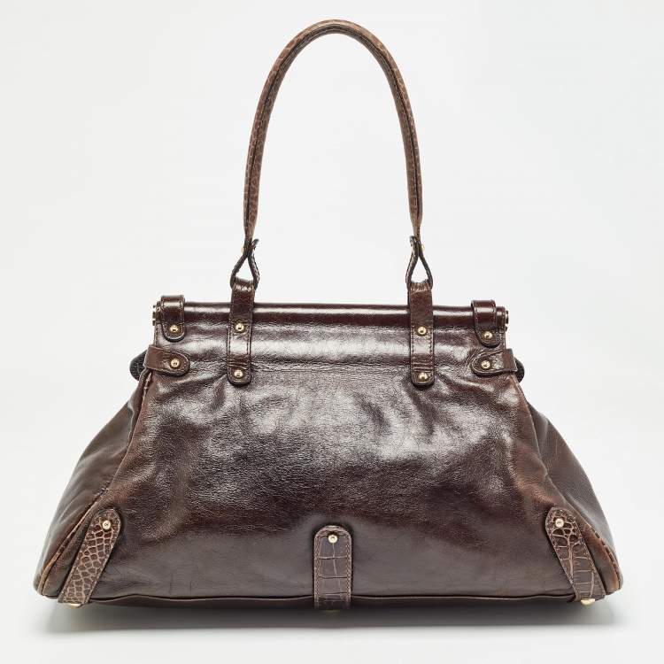 Pre Owned Fendi Choco Brown Crocodile and Leather Magic Top Handle Bag