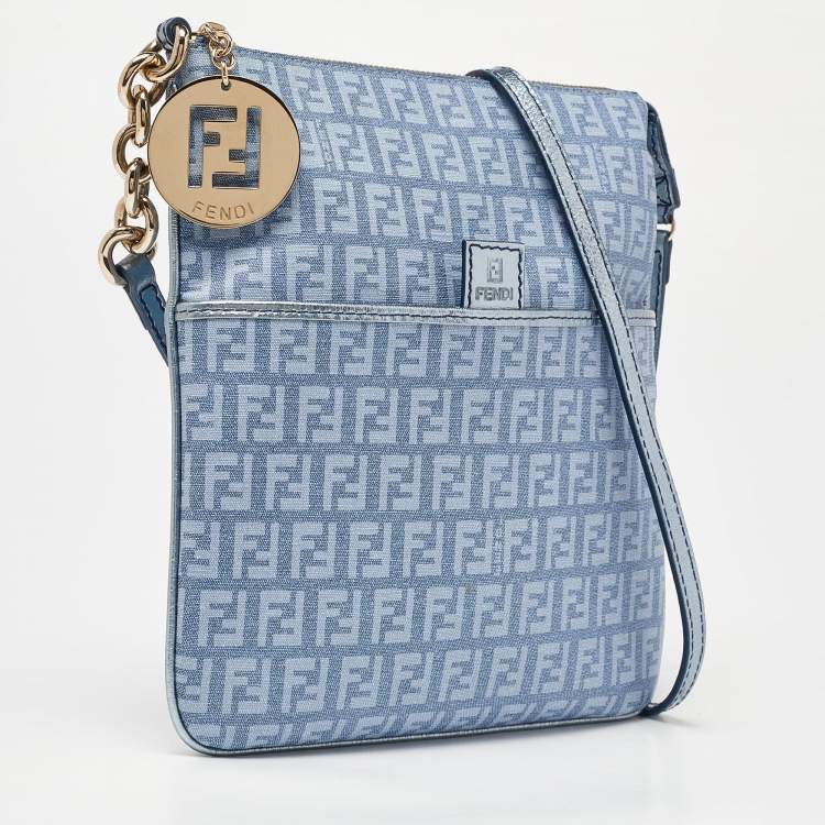 Pre Owned Fendi Light Blue Zucchino Canvas and Leather Crossbody Bag