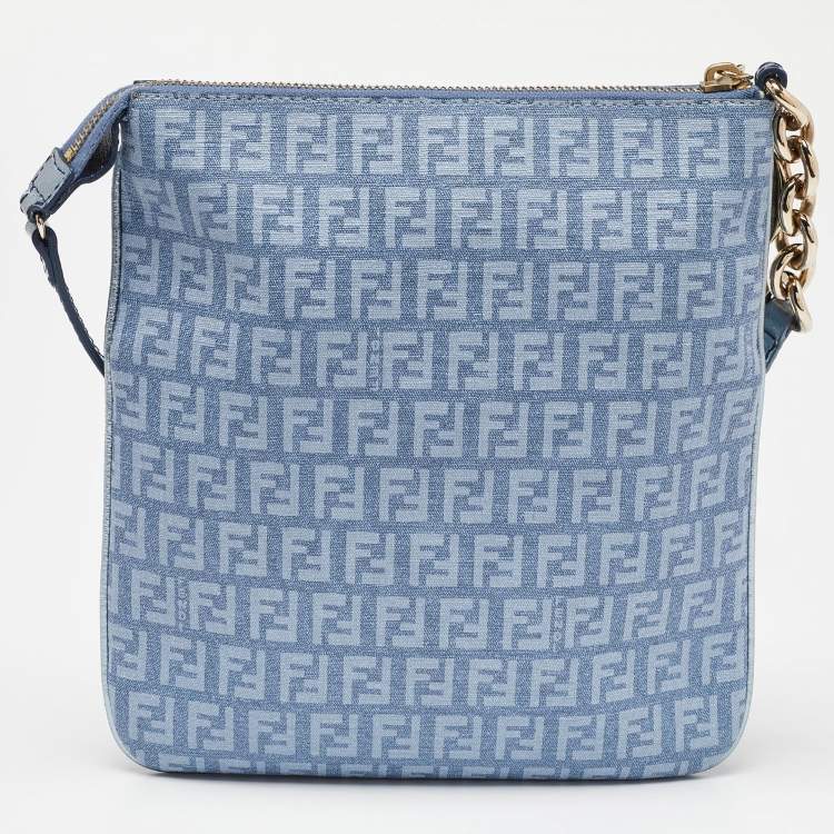 Pre Owned Fendi Light Blue Zucchino Canvas and Leather Crossbody Bag