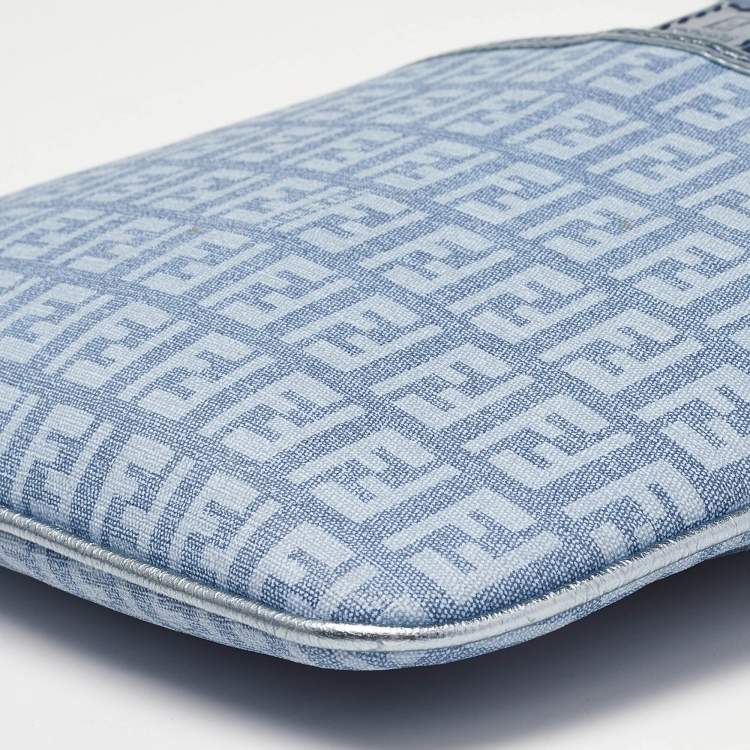 Pre Owned Fendi Light Blue Zucchino Canvas and Leather Crossbody Bag
