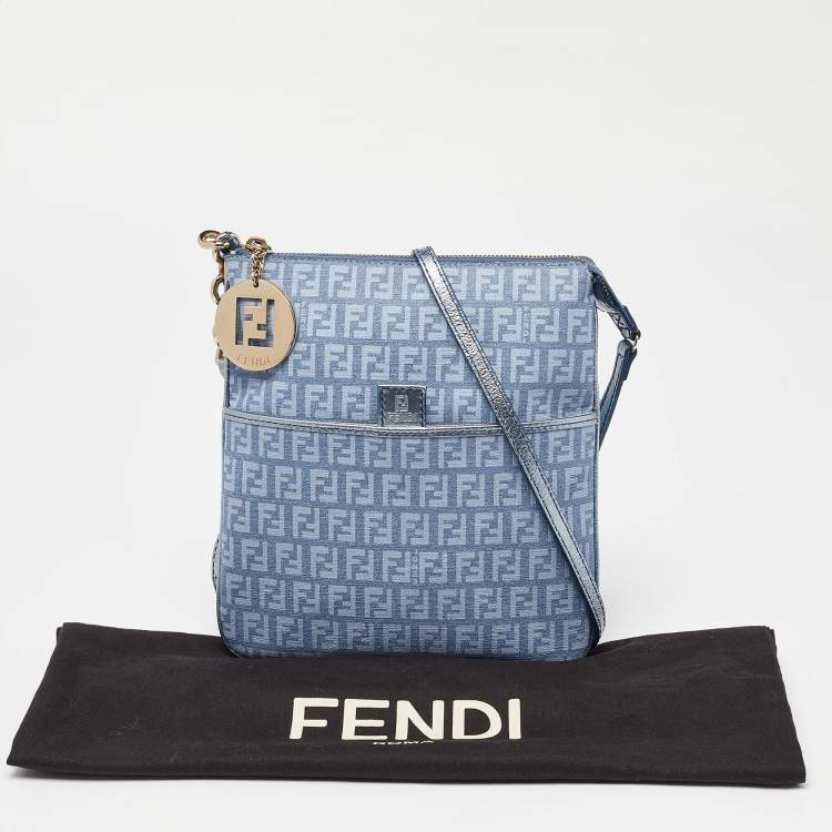 Pre Owned Fendi Light Blue Zucchino Canvas and Leather Crossbody Bag