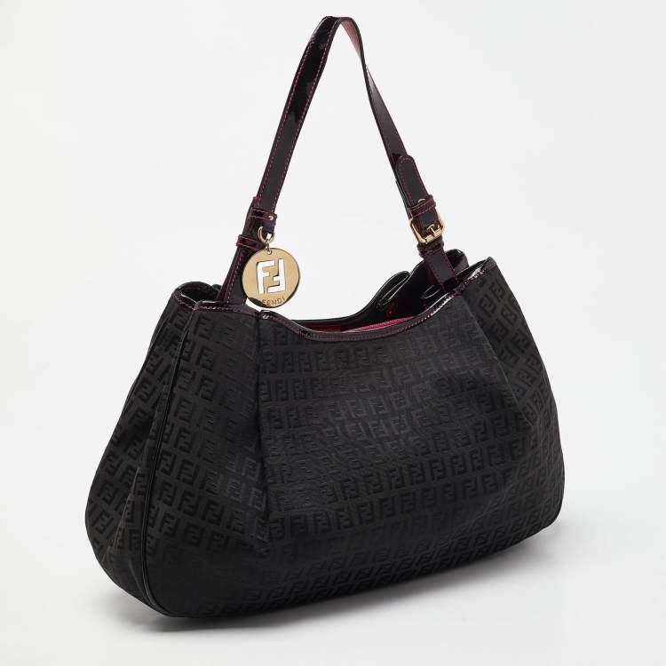 Pre Owned Fendi Black Zucchino Canvas and Patent Leather Hobo