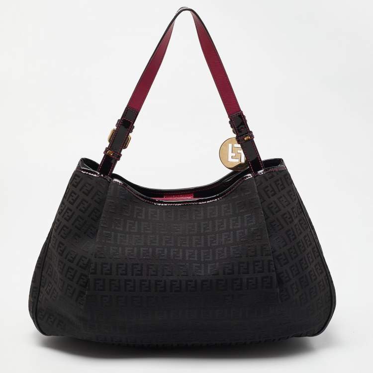 Pre Owned Fendi Black Zucchino Canvas and Patent Leather Hobo