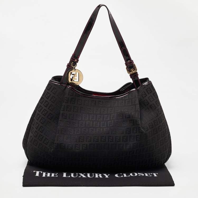 Pre Owned Fendi Black Zucchino Canvas and Patent Leather Hobo