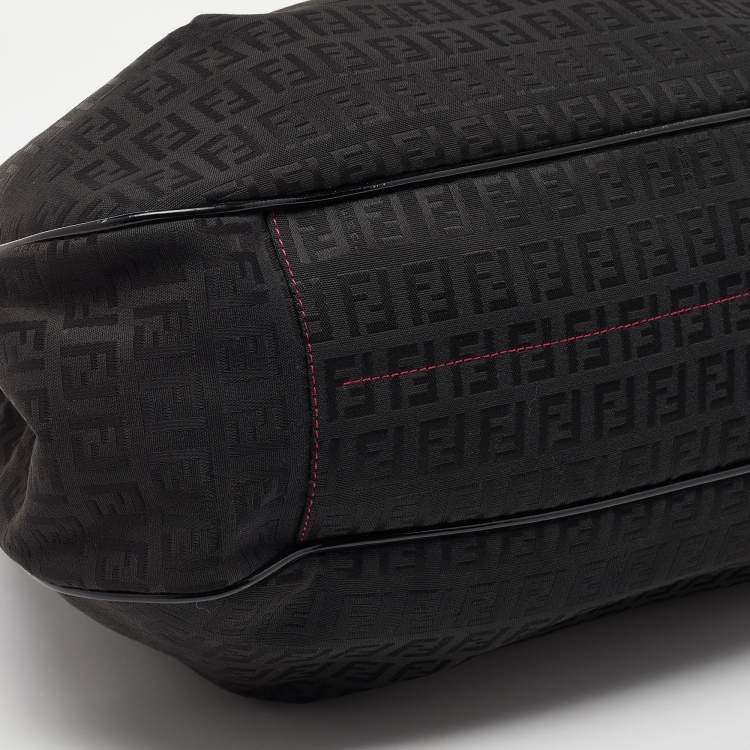 Pre Owned Fendi Black Zucchino Canvas and Patent Leather Hobo