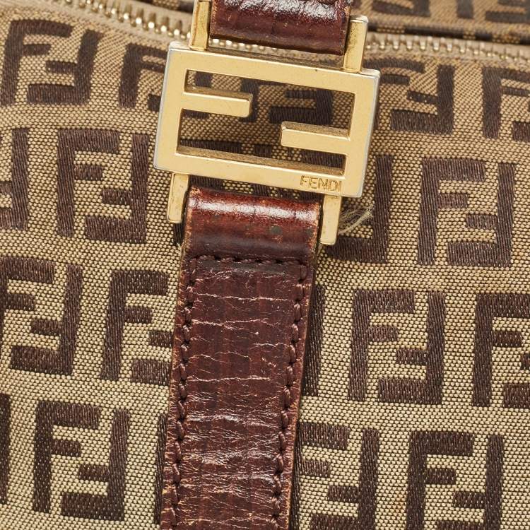 Pre Owned Fendi Brown/Beige Zucchino Canvas and Leather Small Forever Bauletto Bag