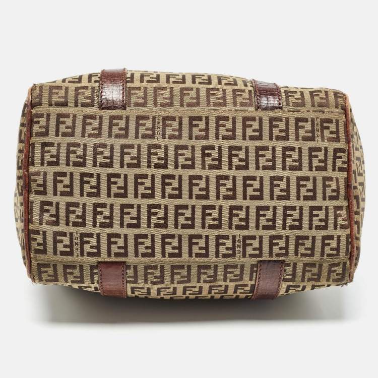 Pre Owned Fendi Brown/Beige Zucchino Canvas and Leather Small Forever Bauletto Bag