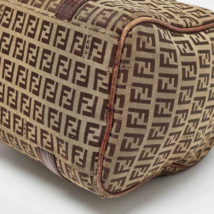 Pre Owned Fendi Brown/Beige Zucchino Canvas and Leather Small Forever Bauletto Bag