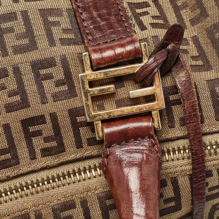 Pre Owned Fendi Brown/Beige Zucchino Canvas and Leather Small Forever Bauletto Bag
