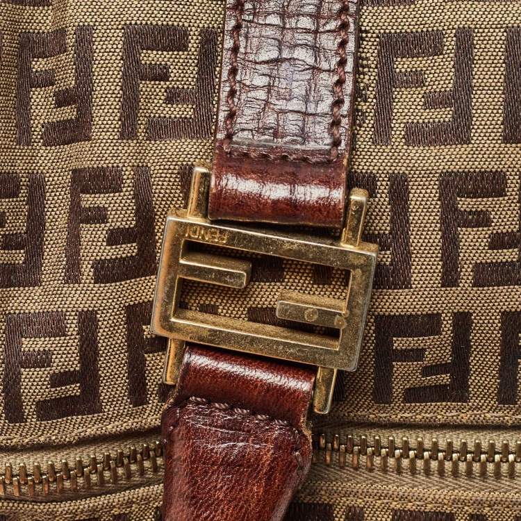 Pre Owned Fendi Brown/Beige Zucchino Canvas and Leather Small Forever Bauletto Bag