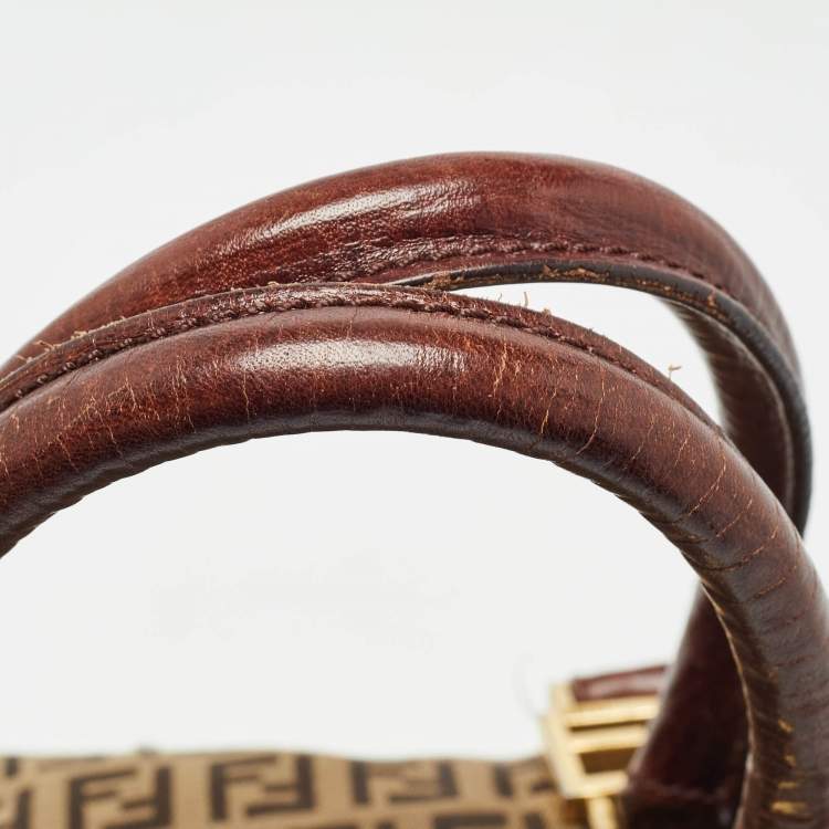 Pre Owned Fendi Brown/Beige Zucchino Canvas and Leather Small Forever Bauletto Bag