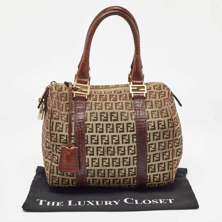 Pre Owned Fendi Brown/Beige Zucchino Canvas and Leather Small Forever Bauletto Bag