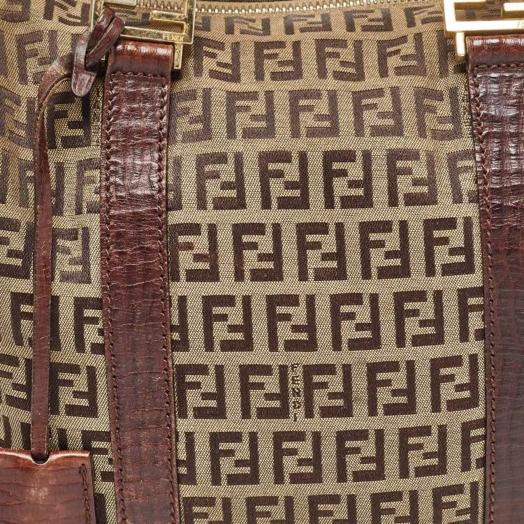 Pre Owned Fendi Brown/Beige Zucchino Canvas and Leather Small Forever Bauletto Bag