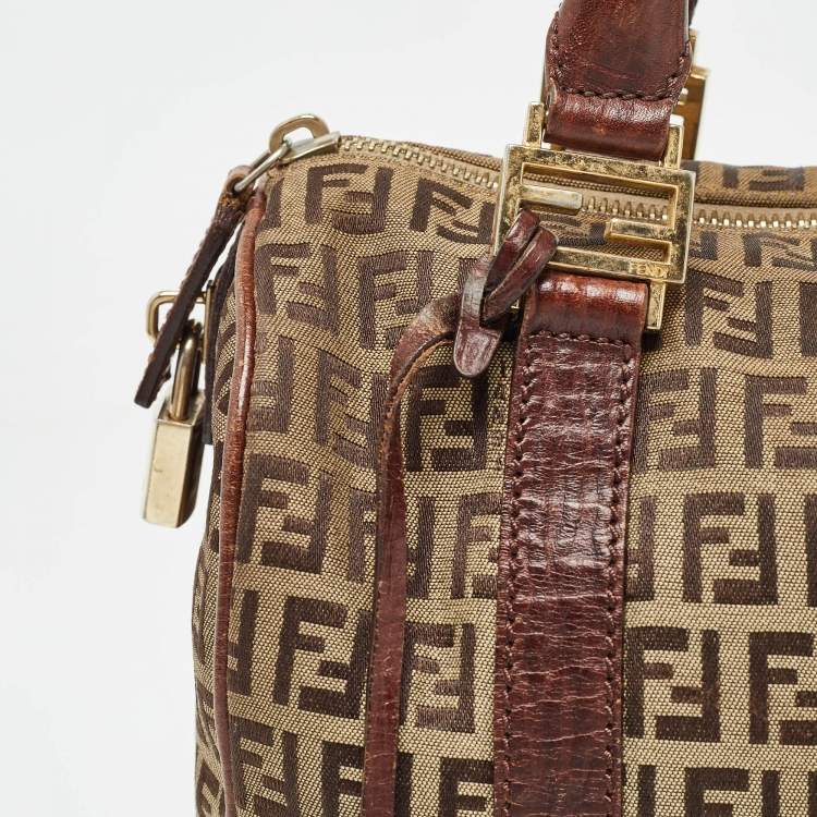 Pre Owned Fendi Brown/Beige Zucchino Canvas and Leather Small Forever Bauletto Bag