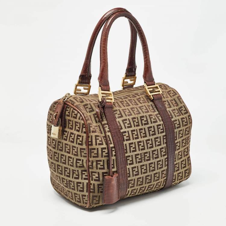 Pre Owned Fendi Brown/Beige Zucchino Canvas and Leather Small Forever Bauletto Bag