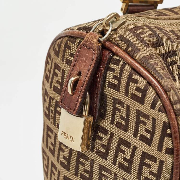 Pre Owned Fendi Brown/Beige Zucchino Canvas and Leather Small Forever Bauletto Bag