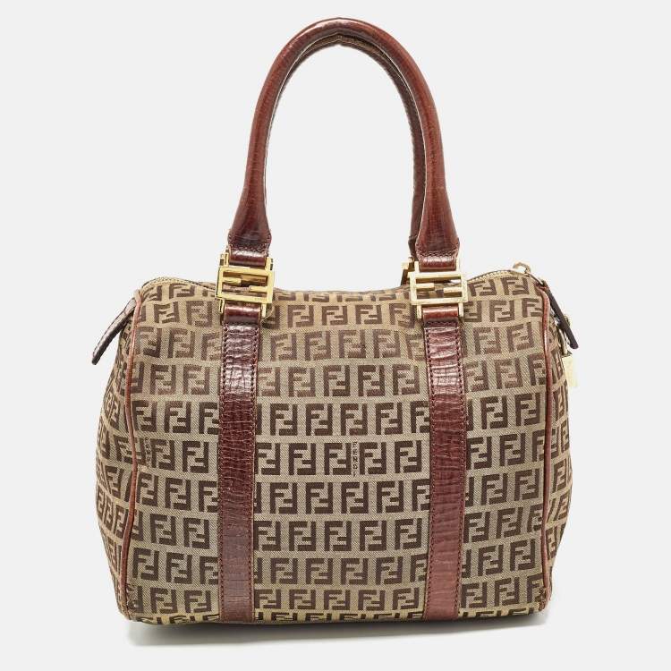 Pre Owned Fendi Brown/Beige Zucchino Canvas and Leather Small Forever Bauletto Bag