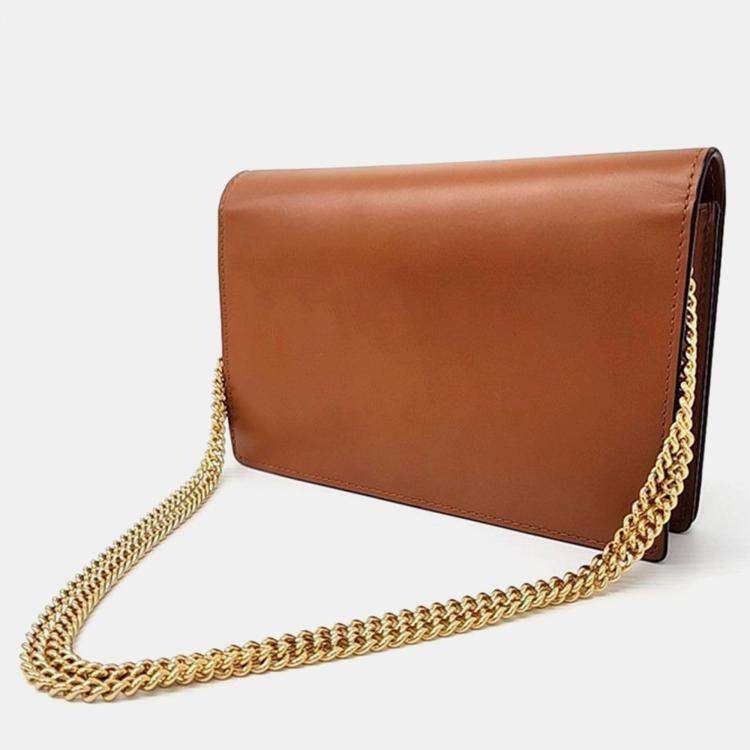 Pre Owned Fendi Brown Leather Logo Chain Wallet