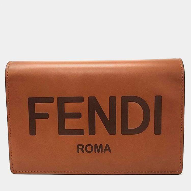 Pre Owned Fendi Brown Leather Logo Chain Wallet