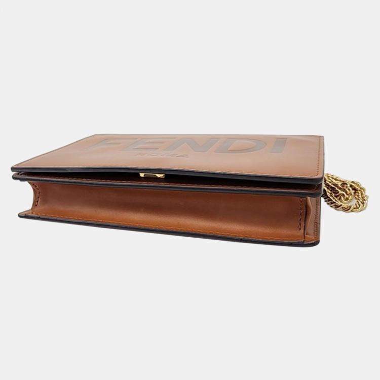 Pre Owned Fendi Brown Leather Logo Chain Wallet