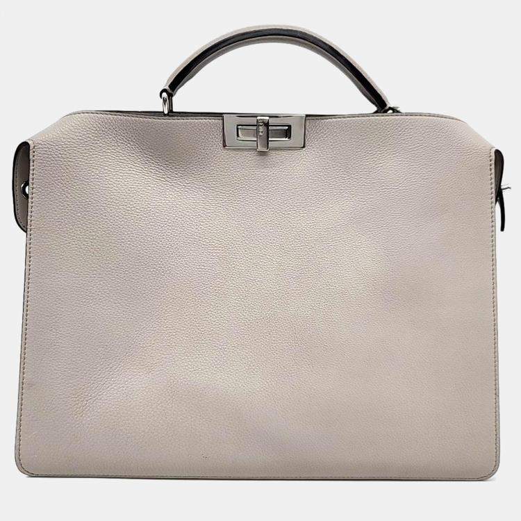 Pre Owned Fendi Light Gray Leather Medium Peekaboo ISeeU Top Handle Bag