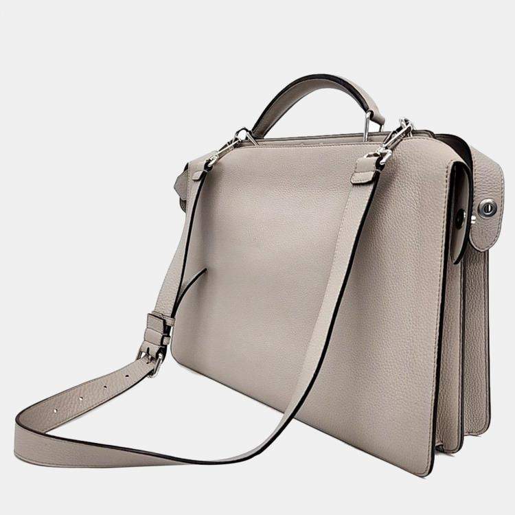 Pre Owned Fendi Light Gray Leather Medium Peekaboo ISeeU Top Handle Bag