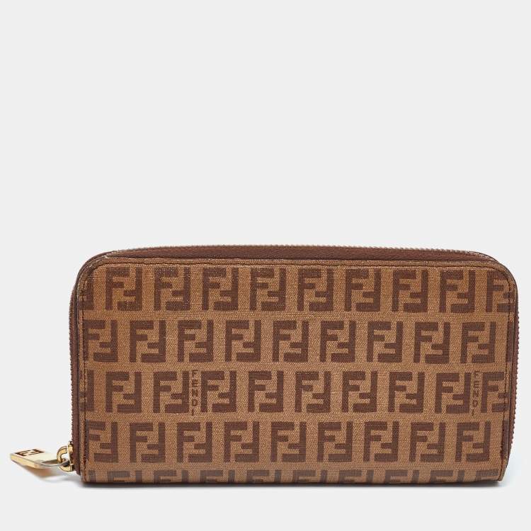 Pre Owned Fendi Brown/Beige Zucchino Coated Canvas Zip Around Wallet 