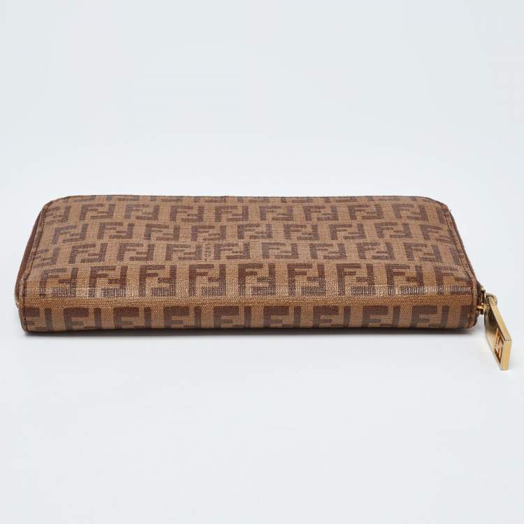 Pre Owned Fendi Brown/Beige Zucchino Coated Canvas Zip Around Wallet 