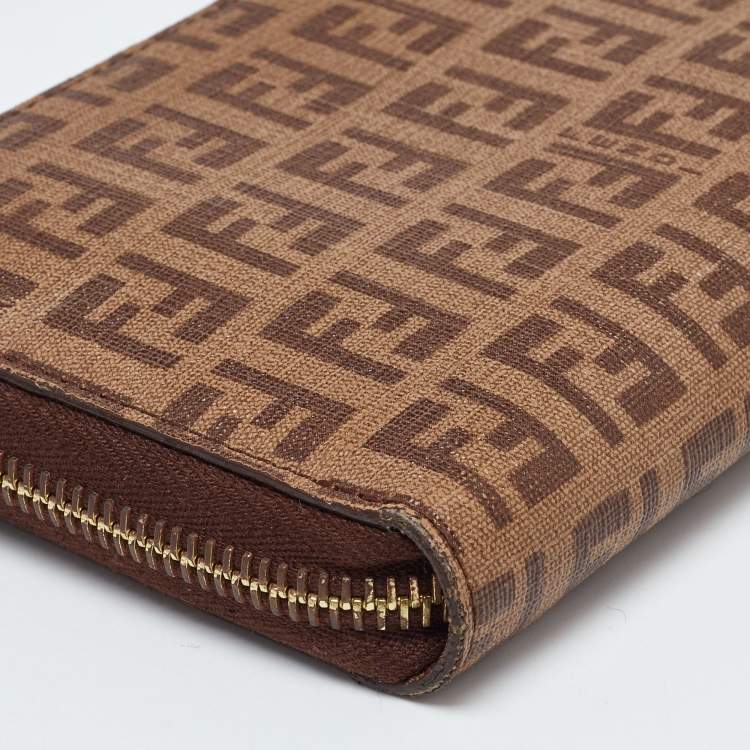 Pre Owned Fendi Brown/Beige Zucchino Coated Canvas Zip Around Wallet 